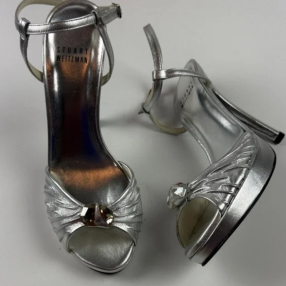 New in box Stuart Weitzman silver “Single” platform ankle strap crystal detail 6 - Picture 1 of 10